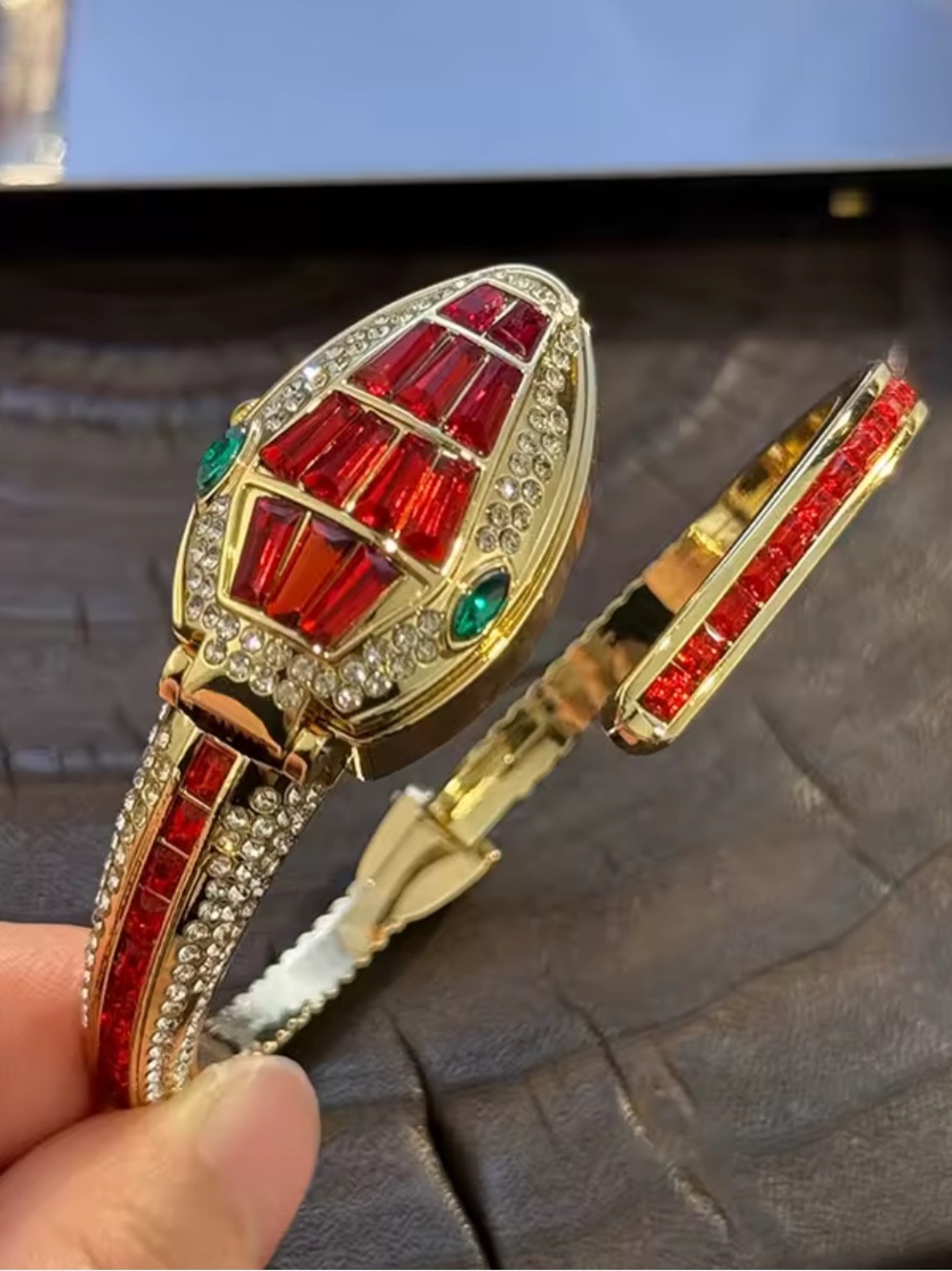Gold-Tone Red Crystal Hinged Bangle Bracelet watch